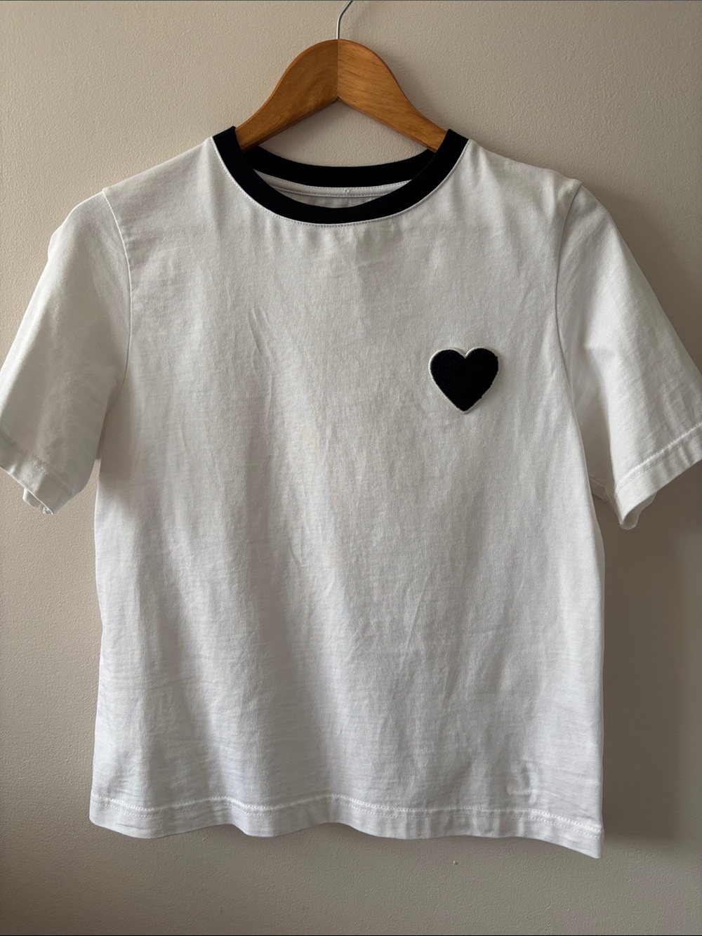 Pure Cotton White Tee with Navy Heart Patch and Navy Trim